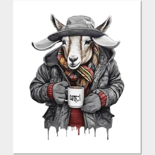 Goat wearing a jackets holding a cup coffee Posters and Art